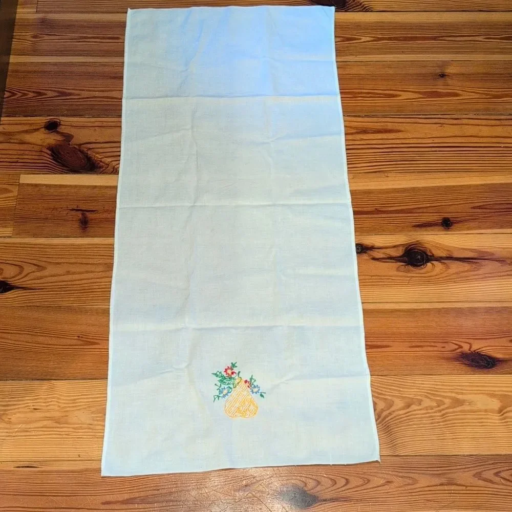 Vintage Embroidered White Tea Towel with Floral Pear Design